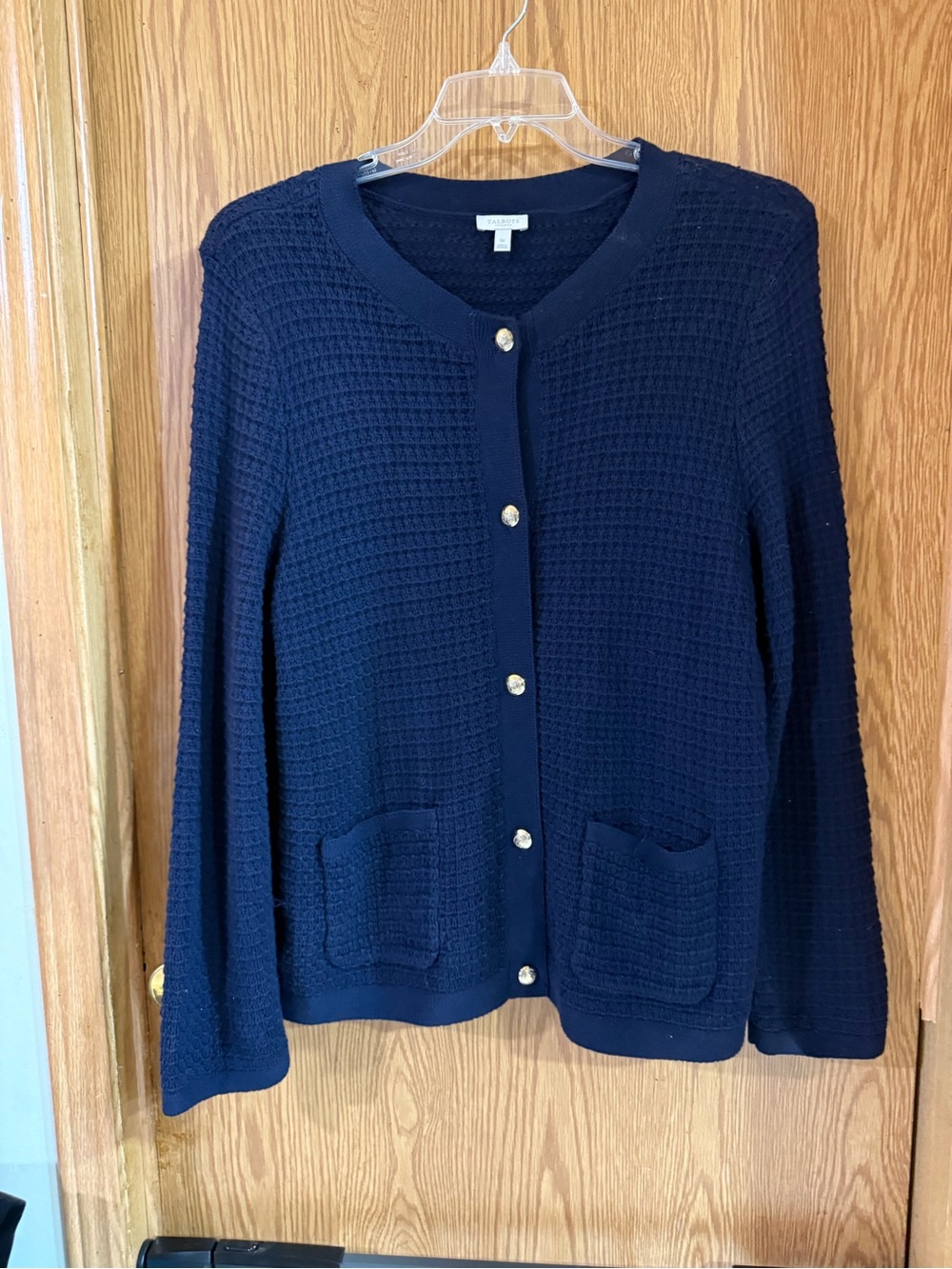 Talbots Navy Textured Button-Front V-Neck Sweater